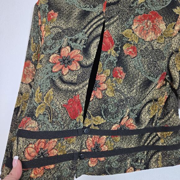 VTG K Petite Collection Jacket Sz 12P Green Multi Floral Button Front Open Back - Picture 7 of 14